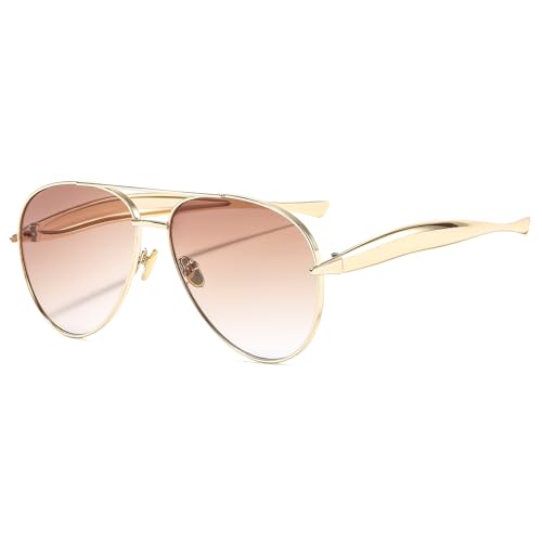 YAMEIZE Retro Oversized Sunglasses for Women Men 70s Pilot Gold Sunglasses Oversized Double Bridge Metal Big Frame Trendy Sun Glasses UV400