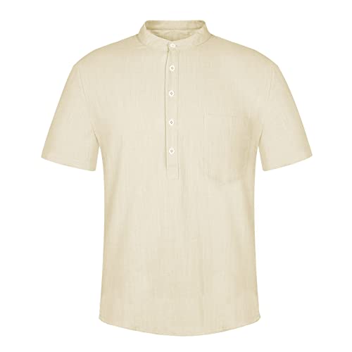 Niwicee Camisa Casual de Hombre Manga Corta Henley Shirt Camisetas de Playa Informales Cuello en V de Botones Top Verano Blusa de Slim Fit Recta de Color Sólido con Bolsillo(Khaki,M)