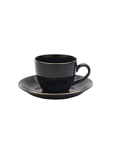 Image of Clay Craft Fine Ceramic Cup and Saucer Set of 12 (6 Cups + 6 Saucers) Solid Black Color with Gold Line Gift to Your Loved Ones on Any Occassions., Medium (CC-CS12-CREAM-BLACK+GL)