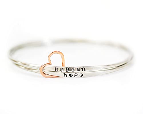 Dainty Personalized Silver Bracelet with Names and Heart in Sterling Silver Handmade Minimalist Jewelry