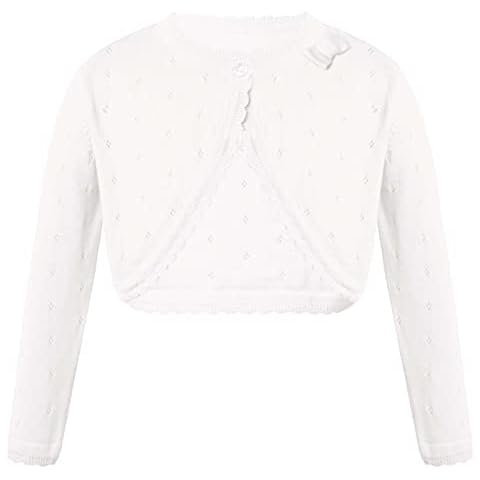 iEFiEL Mädchen Strickjacke Basic Bolero Kinder Lange Ärmel Schulterjacke mit Perlen Bolerojäckche kurz Zum Kommunionkleid Taufkleid Weiß/Rosa A Weiß 122-128 Cover