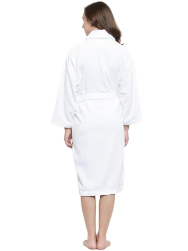 Image of Double Side Terry Cotton Bathrobe, White, Knee Length, Women's Loungewear with Pockets