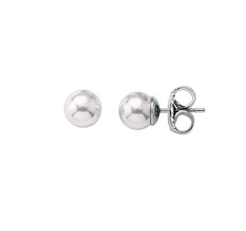 Majorica - Pendientes Lyra de Perla con Espigo de Plata de Ley - Elaborados con Plata Rodiada - Perla Blanca de 10 mm - Cierre Tipo Pincho - Joyería para Mujer