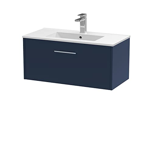 Hudson Reed JNU1725B Juno Modern Bathroom Wall Hung Single Drawer Vanity with Minimalist Ceramic Basin, 800mm, Matt Electric Blue