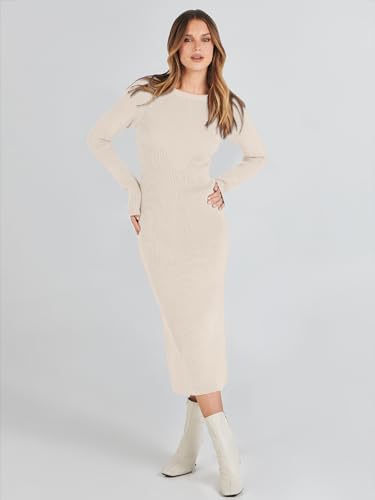 Image of ANRABESS Women Long Sleeve Sweater Dress Crewneck Bodycon Stretch Slim Fit Ribbed Knit Midi Dresses 2025 Fall Trendy Outfits