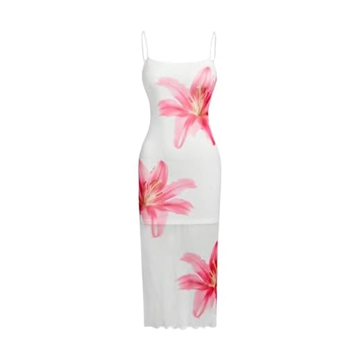 Floerns Vestido feminino de verão com alças finas, acabamento de alface, vestidos longos para férias, Branco, 8 Anos