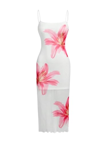 Floerns Girl's Summer Flower Spaghetti Strap Dress Lettuce Trim Vacation Long Dresses