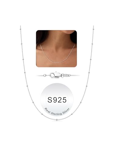 IEFWELL S925 Sterling Silver Chain Necklace for Women - 1.5mm Satellite Bead Chains Necklace, Hypoallergenic Dainty Sturdy Women's Chain Necklaces, 18 Inches Christmas Birthday Jewelry Gifts