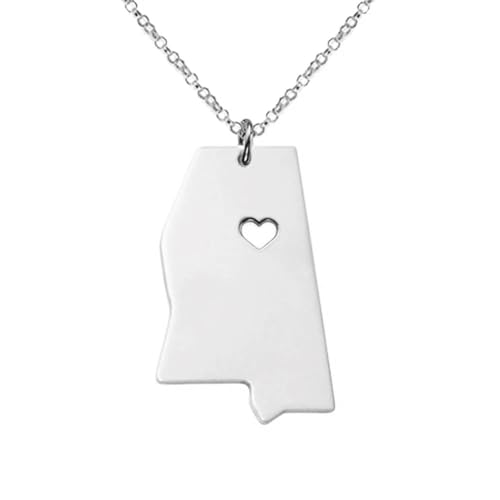Art Attack Stainless Steel I Love Mississippi Necklace, Magnolia Hospitality State Heart Map Pendant (Silver)