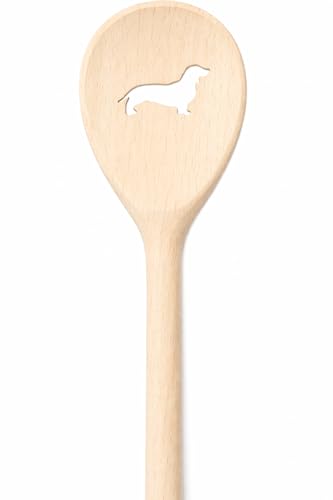Teemando, Kochlöffel aus Holz mit Motiv Dackel, extra stabil, Naturprodukt: handgefertigt, unbehandelt, Rührlöffel aus Buche, oval 30 cm, das besondere Geschenk
