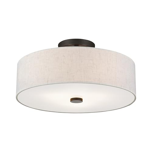 Image of Livex Lighting 52135-92 3-Light Semi Flush Ceiling Light, English Bronze | Oatmeal Color Fabric Hardback Drum Shade and Satin White Diffuser