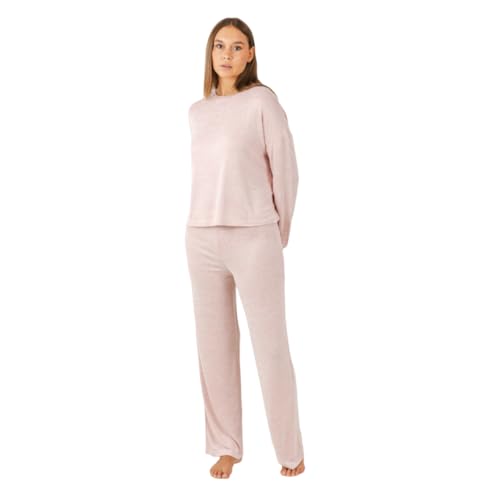 TRAMAS+ Pijama mulher entre-tempo, pijama angorina de mulher, conjunto de t-shirt de manga comprida e calças compridas com cintura ajustável quente, conjunto para mulher, Rosa claro, L