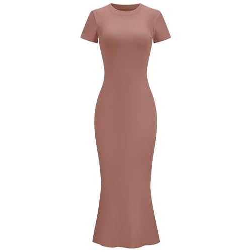 LOMON Women Fishtail Hem Ribbed Maxi Dresses Summer Casual Stylish Y2k Sexy Fitted Lady Elegant Cotton Soft Lounge Dress Large A2_short Sleeve_grey Pink