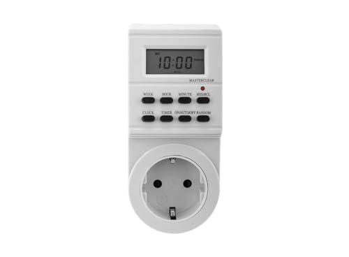 Programador eléctrico semanal con indicador; permite la programación automática de dispositivos para ahorro energético y control de tiempo.