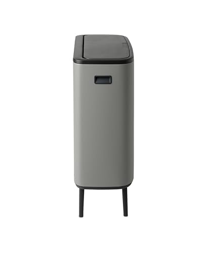Image of Brabantia Bo Hi Touch Top Kitchen Trash Can with Dual Compartments & Raised Legs | Mineral Concrete Gray | 2 x 8 Gal Inner Buckets | Soft-Close, Light Touch Opening, Stay-Open Lid | + Trash Bags