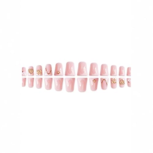 Image of White Press on Nails French Tip Fake Nails Duck False Nail with Charms Design Bow Heart Glue on Nails Glossy Full Cover Artificial Acrylic Nude Stick on Nail for Women Girls Manicure 24Pcs