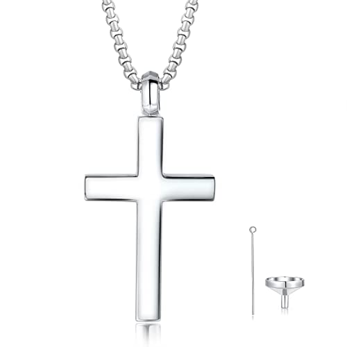 FANCIME Cremation Urn Cross Necklace For Ashes White Gold Plated 925 Solid Sterling Silver Pendant Cremation Jewelry For Men, With Strong Stainless Steel Box Chain 24 Inch