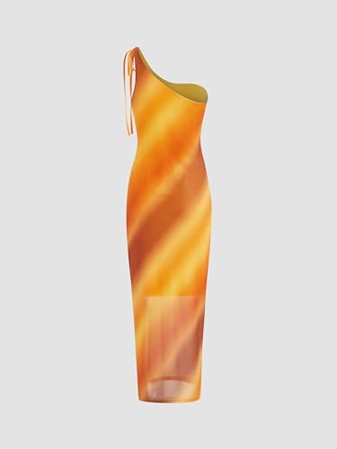 Image of CIDER Miami Sunset Vacation Mesh Asymmetrical Neck Ombre Midi Dress