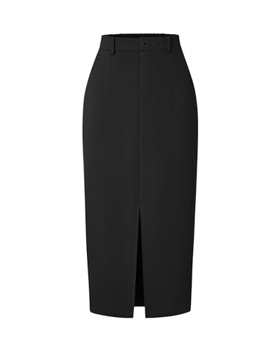ZESICA Pencil Midi Skirt for Women 2026 Summer High Waisted Slit Bodycon Long Skirts Business Casual Work Office Outfits Black Medium