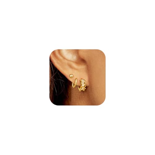 Bheop Gold Hoop Earrings Set for Women 14K Gold Plated Huggie Earring Oval Cubic Zirconia Ball Stud Pack Multiple Piercing Dainty Cartilage Earring Stack Hypoallergenic Trendy CZ Jewelry Gifts