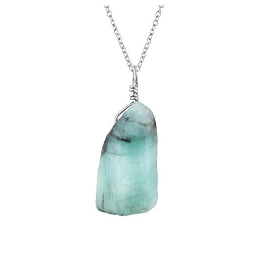 QNAVIC Natural Raw Emerald Rough Stone Handmade Dainty Pendant Necklace For Women, Healing Chakra Crystals, Birthstone Jewelry, Rhodium Plated 925 Sterling Silver 18 inch Gift for Mom
