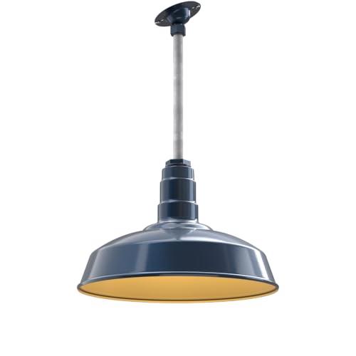 Image of Steel Lighting Co. Carson Barn Light | Ceiling Mounted Pendant | 16 inch Dome | 12 inch Sloped Stem | Industrial Style Steel Light Made in America | Gray Blue Exterior /Brass Interior