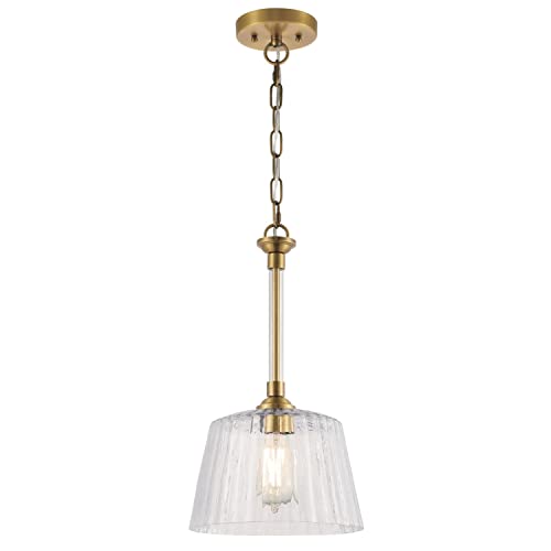 Image of Westinghouse 6130200 Aggie Transitional One Light Indoor Pendant, Brushed Brass Finish, Clear Ribbed Glass