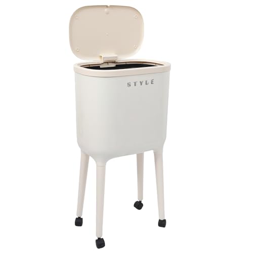 Image of XPIY 4 Gallon Bathroom Trash Can with Wheels and Lid, Slim Garbage Bin | Press top dog proof compact waste basket with high feet for bathroom, kitchen, bedroom, office. (1 Pack, White)