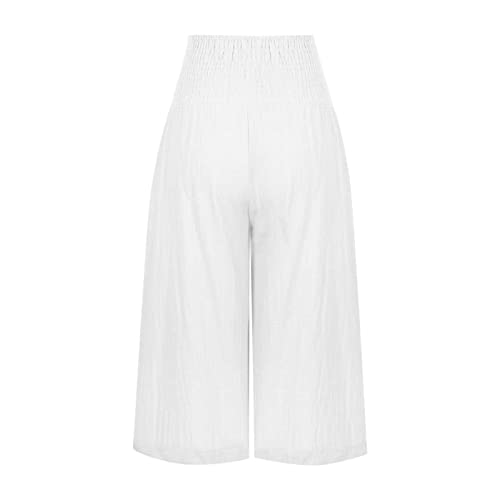 SMIDOW Cotton Linen Wide Leg Pants for Women Casual Summer Drawstring Elastic Waist Capris Loose Cropped Trouser with Pockets3
