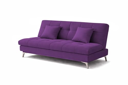 Image of Krancy Solid Wood 3 + 2 Seater Sofa Cum Bed with 2 Cushions | Convertible Wooden Couch for Living Room, Home & Office | Modern Designer Furniture | 3 Years Warranty | Purple