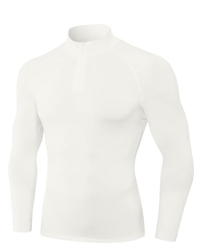 Yuerlian White Thermal Tops for Men Long Sleeve Base Layer T Shirts Half Zip Pullover Winter Gear Golf Ski Workout Fleece Tops for Sports Running Cycling Cold Weather