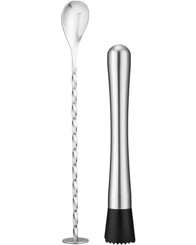 Stainless Steel Cocktail Muddler & Mixing Spoon Set &mdash; 10 Inch Bar Tool Kit for Home Bartenders...