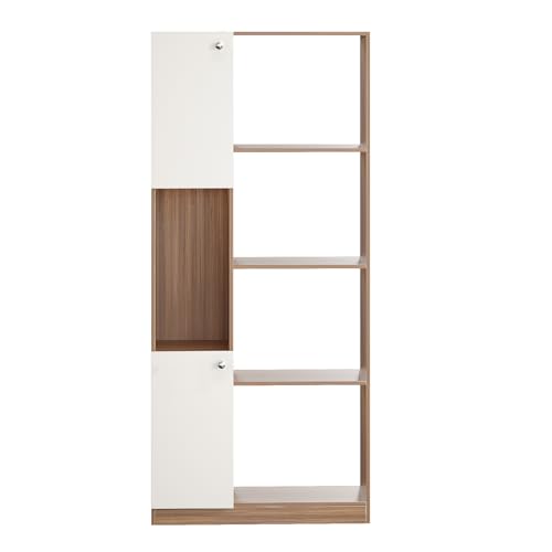 Image of FURNEASER Bookaura Wooden Bookshelf with Doors, Multipurpose Bookcase Storage Organizer for Living Room Modern Wooden Book Shelf Cabinet, Display Rack for Books & Decor (Exotic Teak & White)