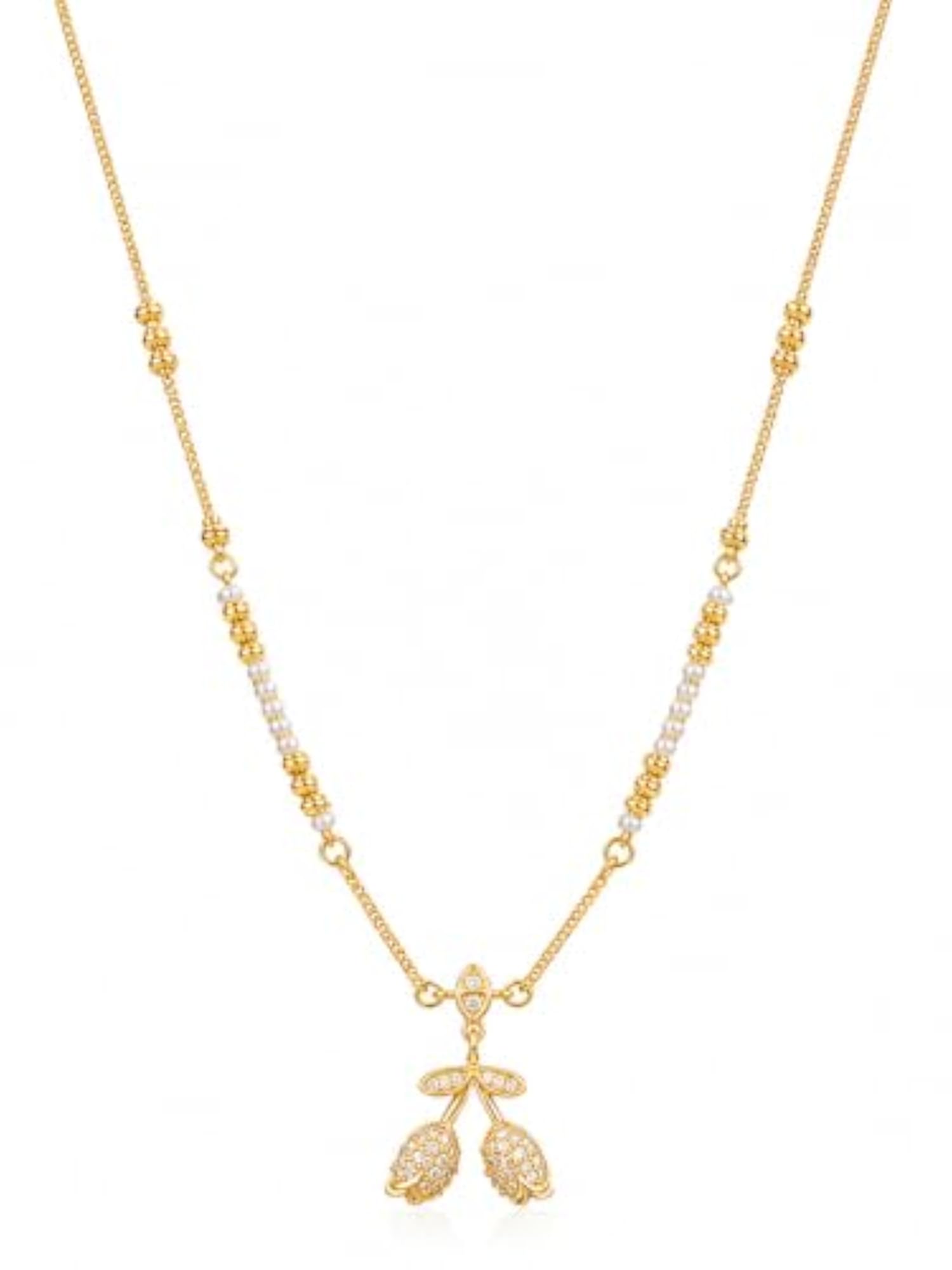 Women's Gold Plated Mangalsutra with Leaf Pendant and White Beads