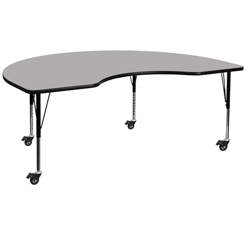 BOWERY HILL 26" x 72" Kidney-Shaped Mobile Activity Table, Gray Laminate Top, Adjustable Steel Legs with Chrome Finish, Locking Casters, Durable Classroom or Collaborative Workspace Furniture