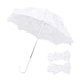 iDhlps Mini White Lace Parasol Umbrella with Lace Gloves for Kids, Small Wedding Umbrella for Tea Party Wedding Photo Props