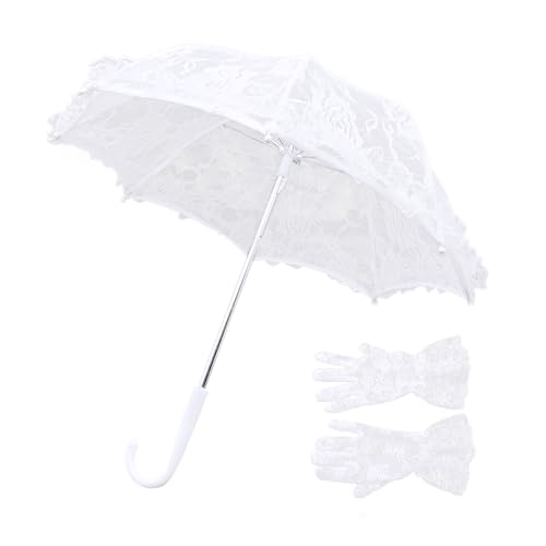 iDhlps Mini White Lace Parasol Umbrella with Lace Gloves for Kids Small Wedding Umbrella for Tea Party Wedding Photo Props