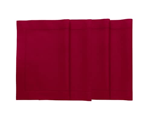 Solino Home Hemstitch Cotton Linen Placemats - 14 x 19 Inch, Set of 4 - Natural Fabric Machine Washable Placemats - Handcrafted with Mitered Corners - Red