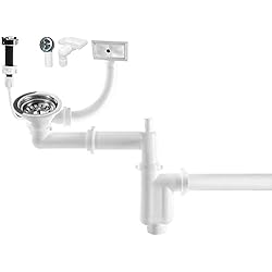 Valvula Automatica Fregadero Manestein Juego de Desagüe de Fregadero, Sifón con Rebosadero, con Válvula de Colador Automático de Fregadero de 3,5´´, para Fregadero de una Cubeta, Conexión a Lavadoras o Lavavajillas