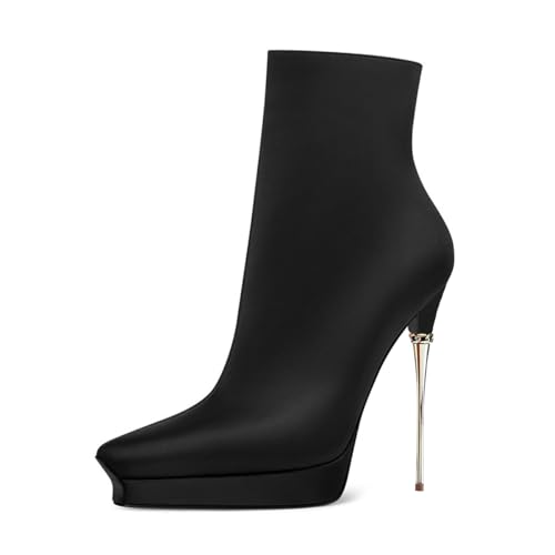 XYD Women Platform Satin Ankle Boots with Zip Pointed Toe Metal Stiletto Heels Club Dress Bootie Shoes
