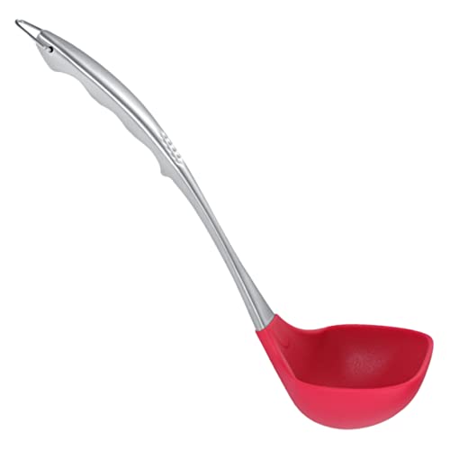 OKUMEYR 1Pc Silicone Soup Spoon with Non Stick Head Red Cooking Ladle for Home Kitchen Food Grade Silicone Material Easy to Clean Convenient Hanging Design for Storage