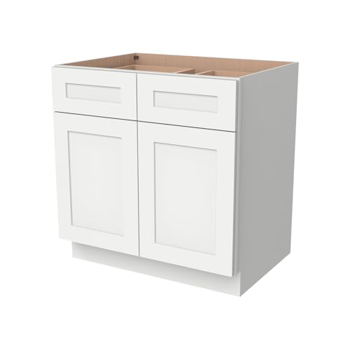 HCIOAN Solid Wood Frame Base Cabinet with 2 Doors 2 Soft Close Drawers, 33 x 24 x 34.5 Inch Kitchen Cabinet with Dovetail Drawer Boxes, Shaker Style RTA Cabinet for Remodel in Origami White