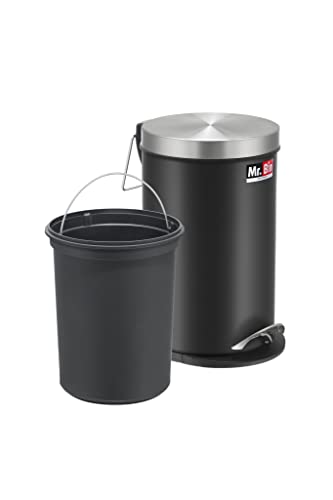 Image of Mr. Bin Stainless Steel Dustbin | Black Pedal Bin with Plastic Bucket and Lid | SS 202 8 inch x 13 inch Garbage Bin | Step On Trash Can | Round Shape Dustbin for Home, Bathroom, Kitchen & Office | 7 Liter |
