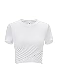 Crop Tops Bauchfrei Kurzarm Oberteile - Missufe Damen Tshirt Kreuz Wickeln Sportshirt Rundhals Sporttop (Kurzarm Weiß, Groß)