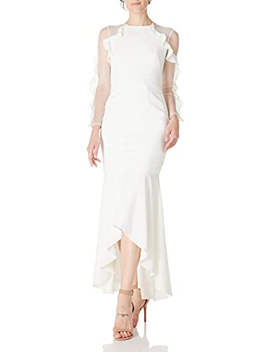 Social Graces Women's Sheer Long Sleeve Ruffle High-Low Skirt Stretch Crepe Party Maxi Dress 6 Cream