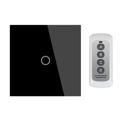 LLVE Touch Remote Light Switch, 1-Gang 1Way, 240V AC,Black Single Light Switch with Remote Control, Tempered Glass Panel with Led Lights, No Neutral Wire