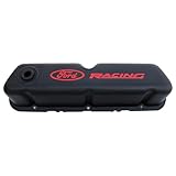Ford Valve Cover, Stock Height, Baffled, Breather Hole, Ford Racing Logo, Steel, Black Crinkle