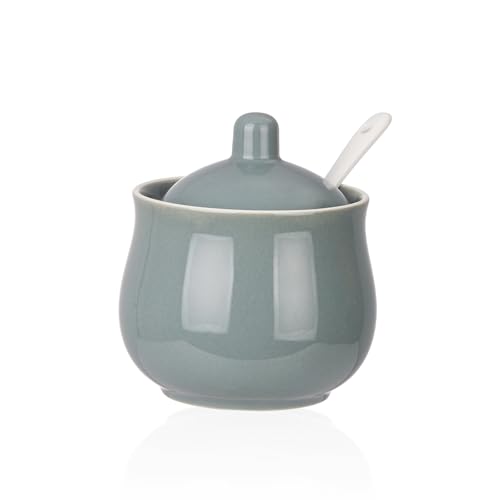 CHILDIKE Ceramic Sugar Bowl with Lid and Spoon, Grey Porcelain Sugar Salt Pepper Storage Jar, 8 Ounces