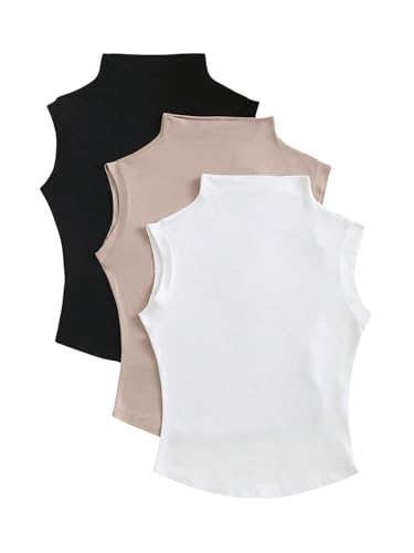 SweatyRocks Women's 3 Pack Tank Tops Mock Neck Fitted Sleeveless Summer Tops