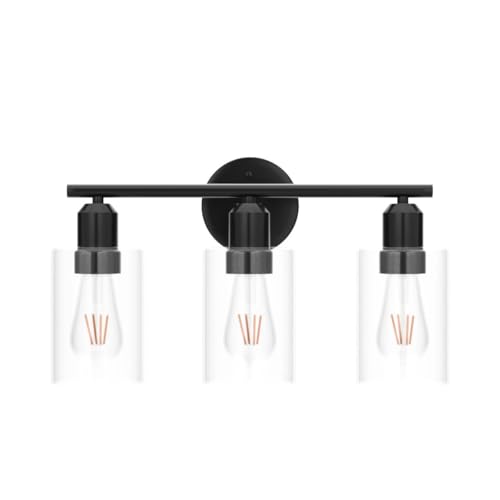 Image of Bathroom Vanity Light Fixtures Matte Black Bathroom Lighting Fixture, 3 Lights Bathroom Light Fixture Over Mirror, Modern Black Vanity Light, UL Certified Wall Sconces with Glass Shades